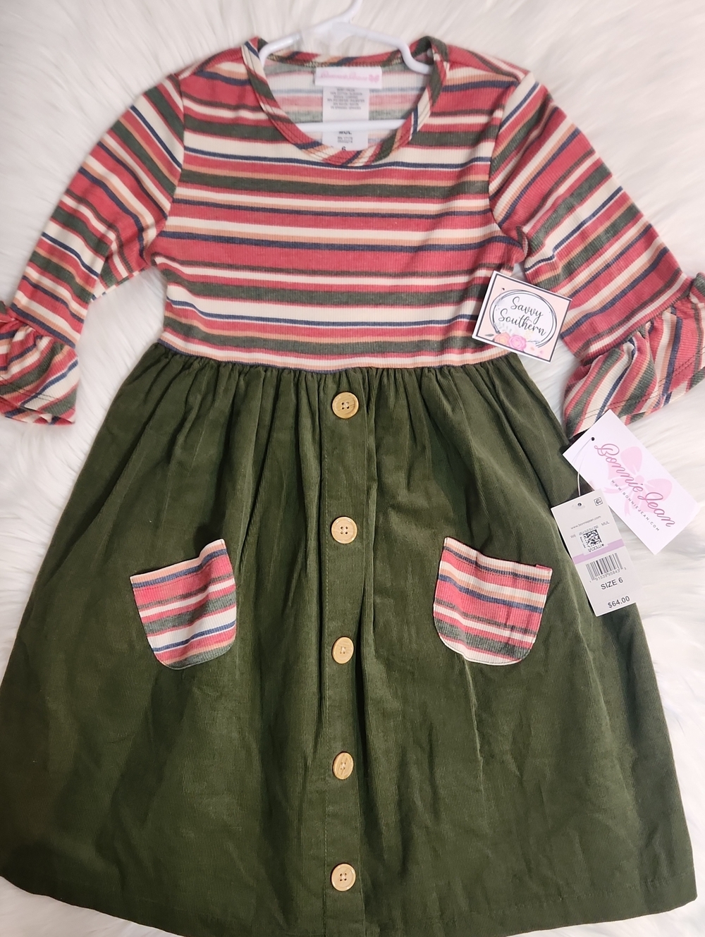 Olive & Pink Striped Dress - Girls Size 6 - Brand: Bonnie Jean